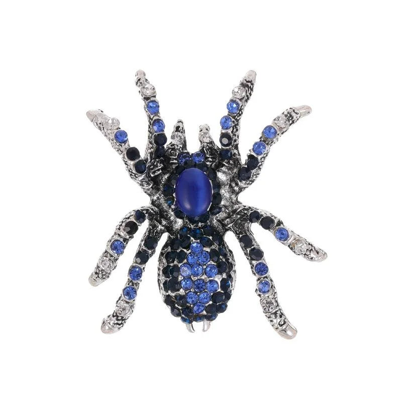 Vintage Blue Rhinestone Spider Brooch Alloy Animal Lapel Pin Luxury Halloween Suit Accessory Gift