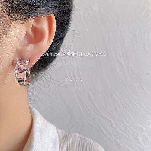 Sweet Cool Pink Zircon Sugar Cube C-Shaped Copper Hoop Earrings With Silver Plated Pins