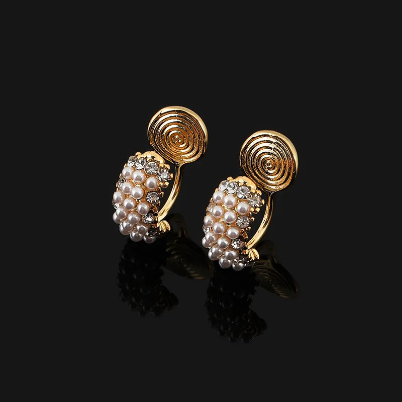 Elegant C Shape Pearl Rhinestone Alloy Stud & Clip On No Piercing Small Huggie Hoop Women's Earrings