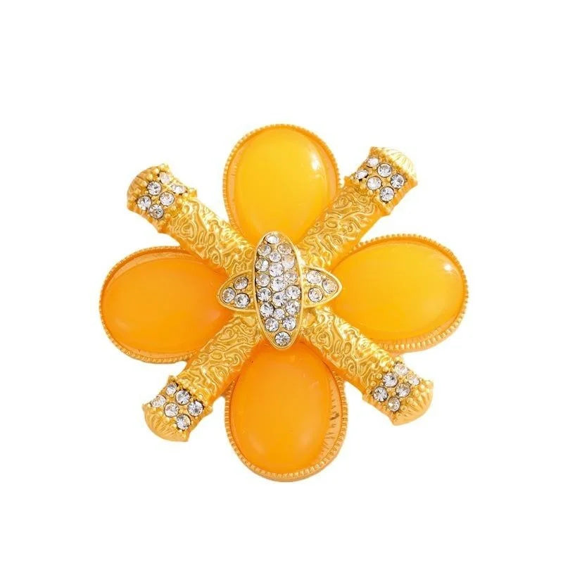 Elegant Yellow Baroque Flower Brooch With Rhinestone Enamel Petals, Luxury Lapel Pin Corsage Suit Accessory Gift