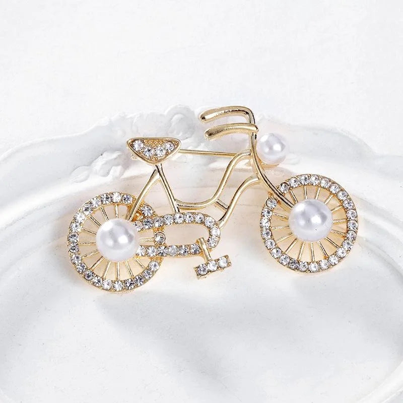 Vintage Bicycle Brooch With Rhinestone Wheels And Pearl Accents, Elegant Gold Alloy Lapel Pin Gift