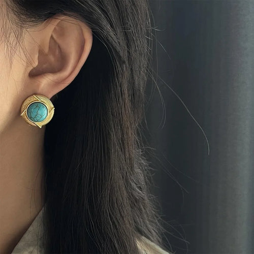 Vintage Chinese Style Synthetic Turquoise Round Geometric 14K Plated Stud Earrings