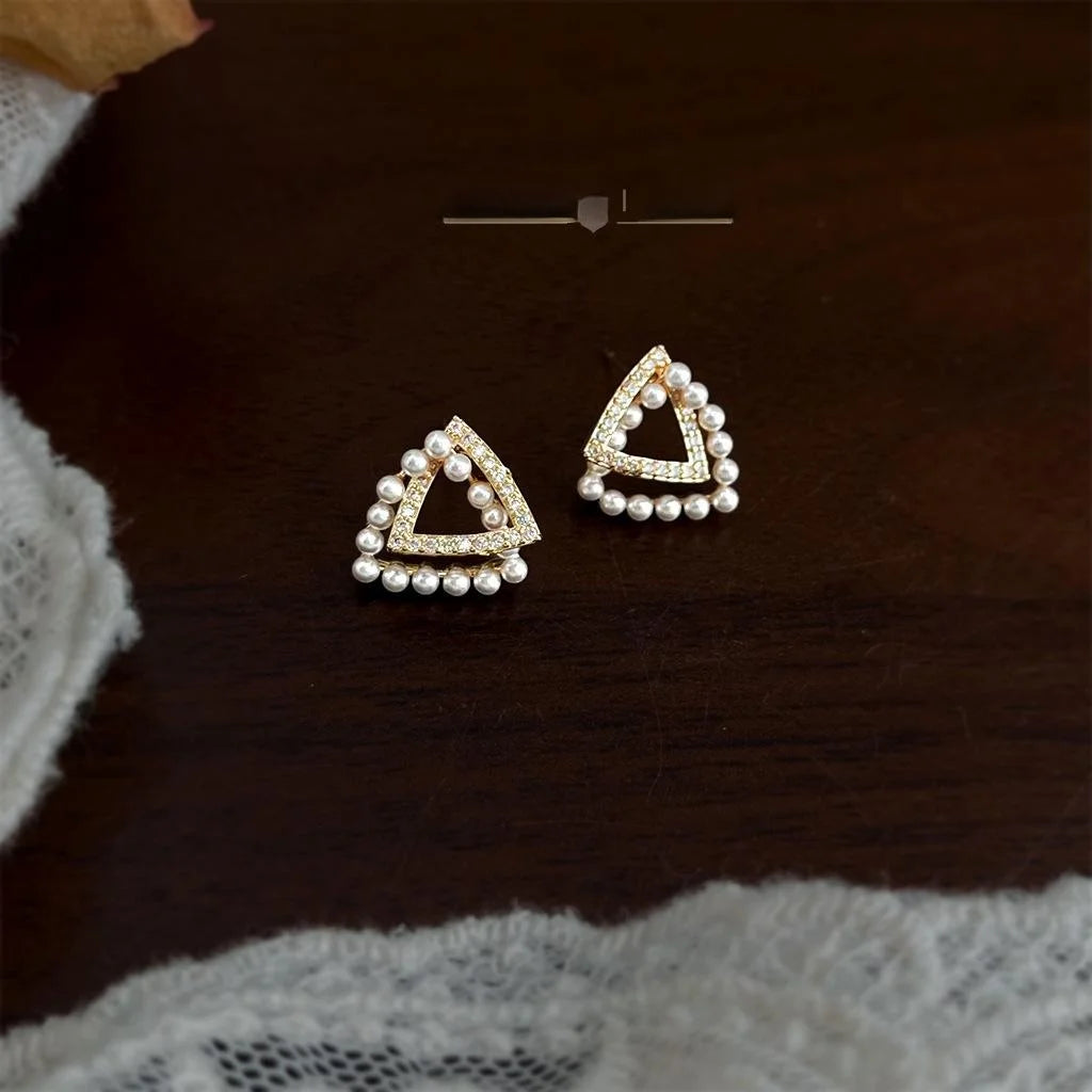 Geometric 3D Micro Pave Zircon Triangle Pearl Stud Earrings Copper