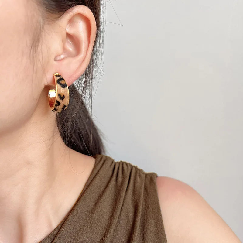 Vintage Gold Alloy Leopard Print Faux Fur C Hoop Stud & Clip On No Piercing Statement Earrings