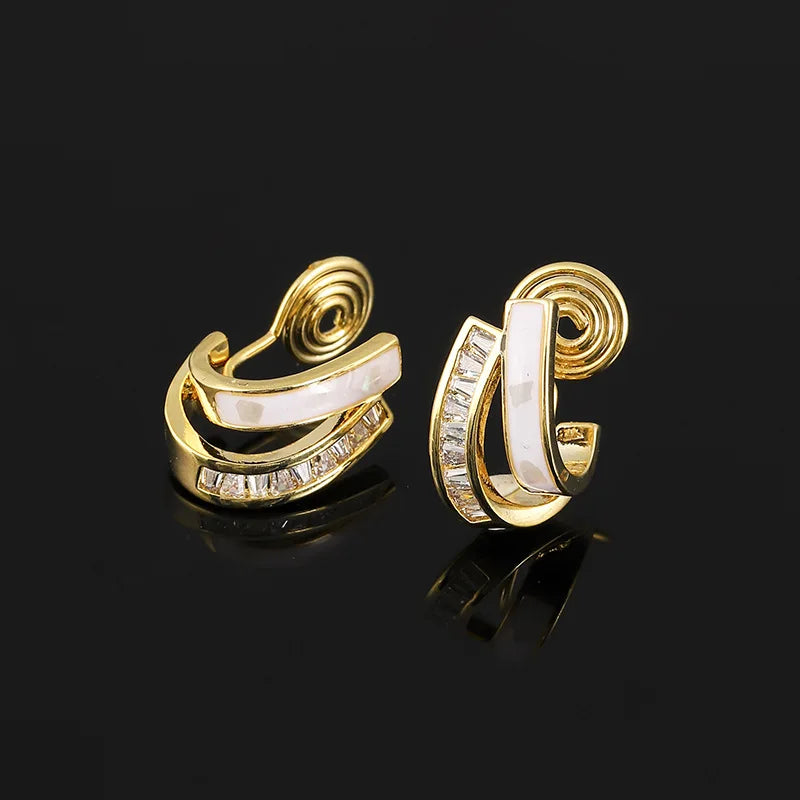 Elegant Curved Double Arc Mother Of Pearl Zircon Alloy Stud & Clip On No Piercing Earrings