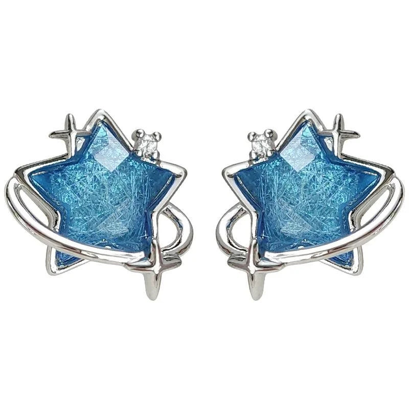 Blue Glass Five Point Star Stud Earrings Silver Plated Sweet Cool Geometric Jewelry