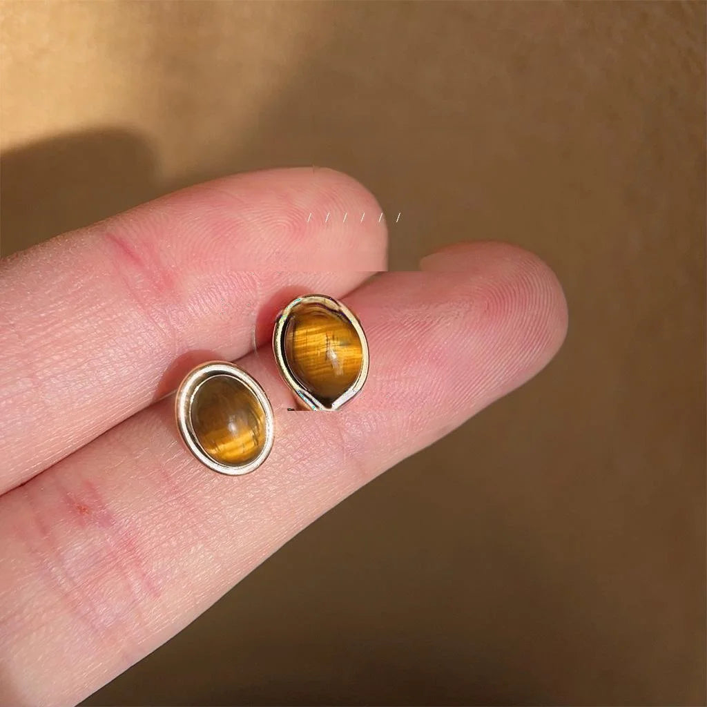 Vintage Artsy 14K Gold Plated Copper Tiger Eye Oval Mini Stud Earrings