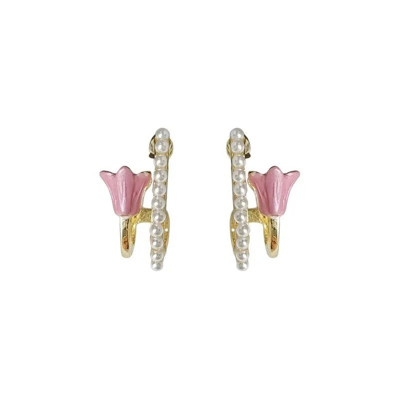 Forest Style Alloy Pink Enamel 3D Tulip Pearl Double Layer Stud Earrings