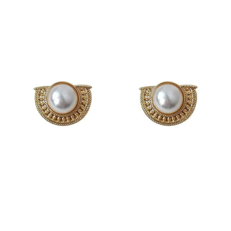 Vintage Palace Style 14K Plated Copper Half Round Geometric Pearl Stud Earrings