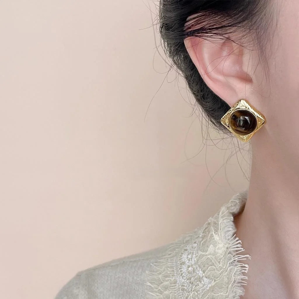Vintage 14K Plated Copper Tiger Eye Square Geometric Stud Earrings For Women