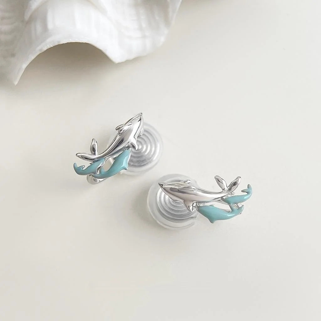 Silver Plated Copper Whale Dolphin Stud Earrings Ocean Animal Designer Sweet Cool Jewelry