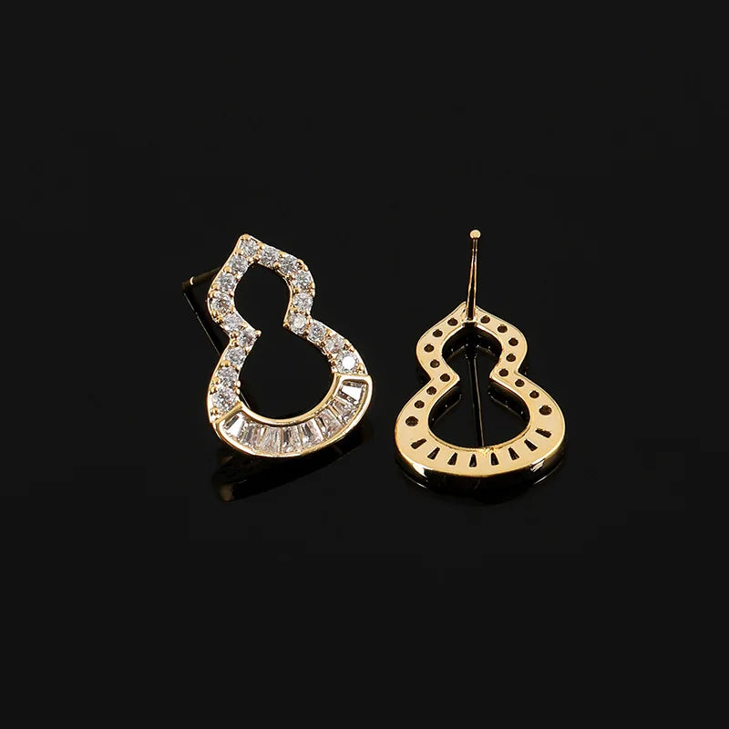 Elegant Hollow Gourd Zircon Gold Tone Alloy Stud & Clip On No Piercing Commuter Jewelry Earrings