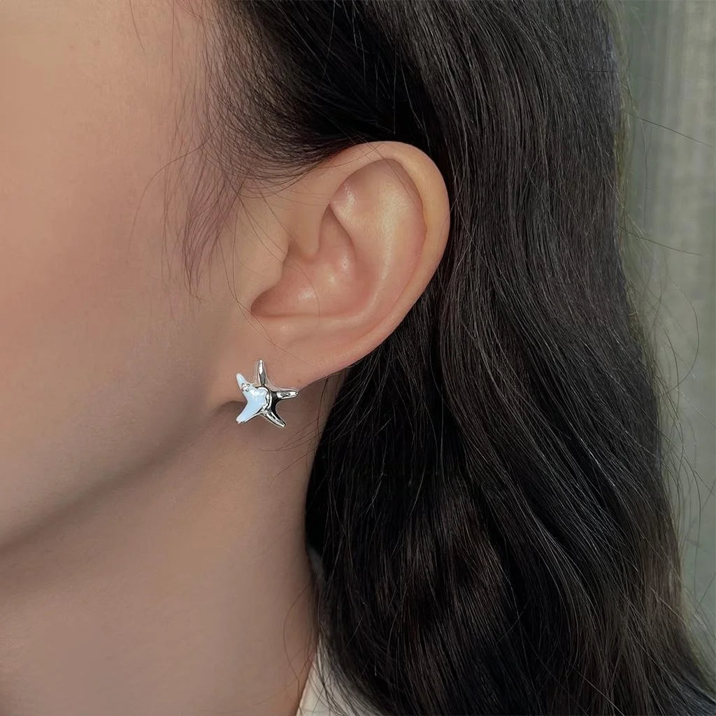 Sweet Blue Enamel Starfish Stud Earrings Silver Plated Copper Ocean Designer Jewelry