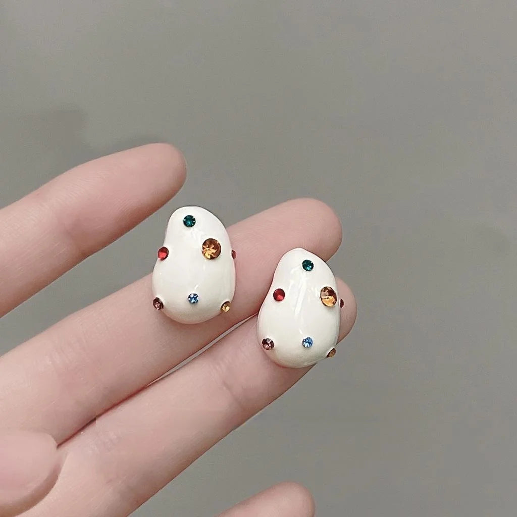 14K Plated Copper Milky White Enamel Rhinestone Irregular Geometric Stud Earrings