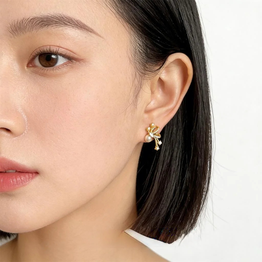 Designer Micro Pave Zircon And Pearl Bow Star Geometric Copper Stud Earrings