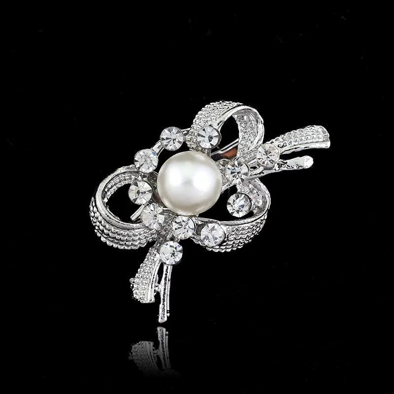 Elegant Pearl And Rhinestone Bow Brooch, Luxury Silver Tone Lapel Pin Corsage For Bridal Shawl Suit Accessory