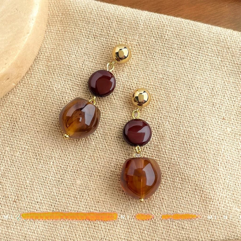 Vintage Maillard Copper Resin Irregular Geometric Tassel Drop Earrings With 14K Plated