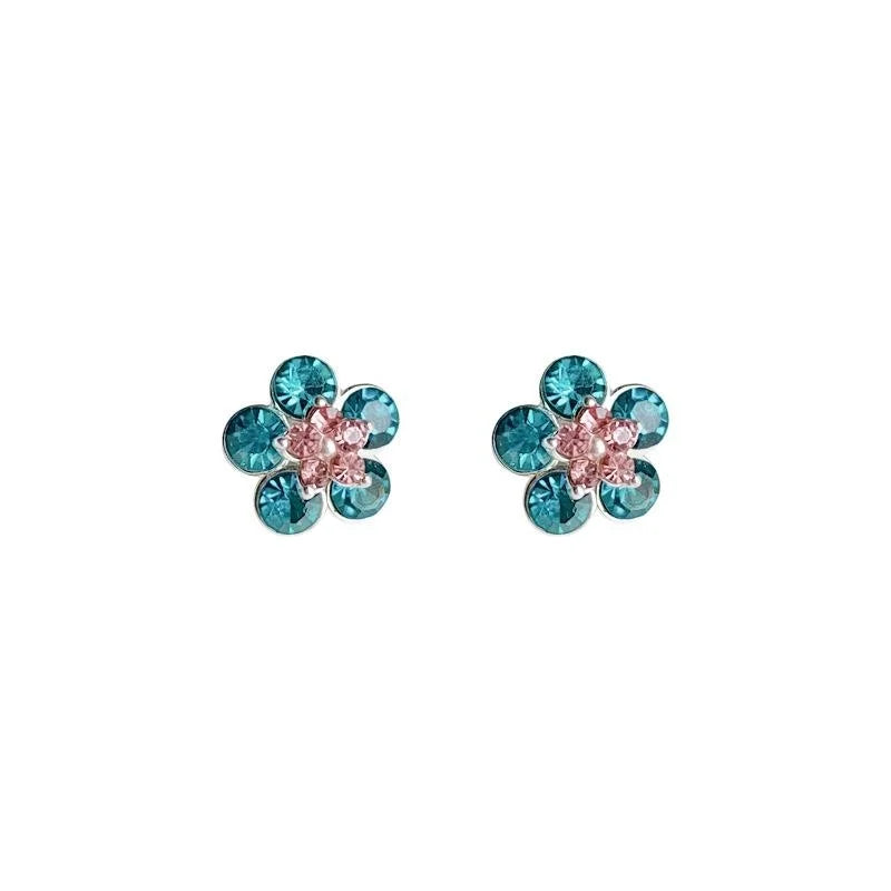 Peacock Blue Rhinestone Flower Stud Earrings Copper Pearl Silver Plated Pin Light Luxury Vintage
