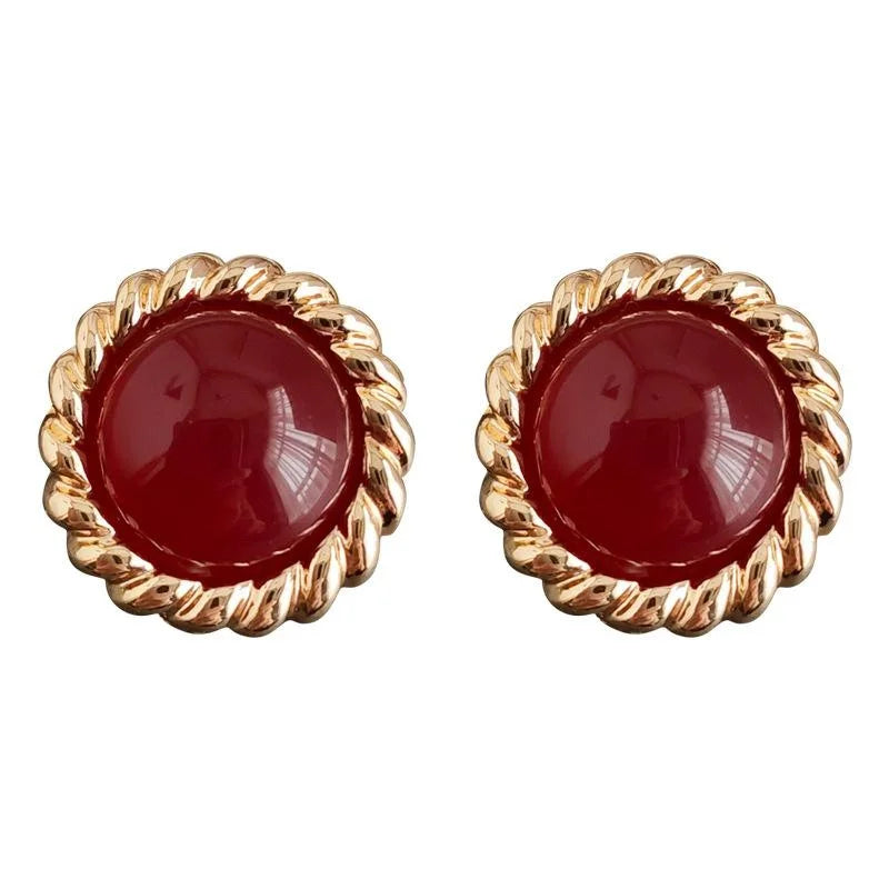 Vintage Red Round Copper Stud Earrings, French Palace Geometric Elegant Style