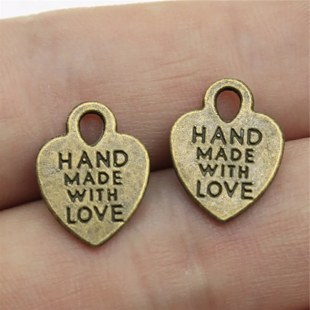 15x12mm 0.9g Zinc Alloy Heart Hand Made with Love Double Sided Charm Pendant for DIY Bracelet Jewelry Making