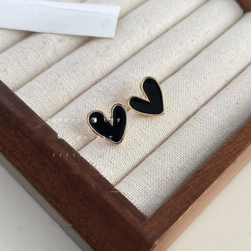14K Plated Copper Heart Stud Earrings, Minimalist Vintage Light Luxury Enamel Jewelry