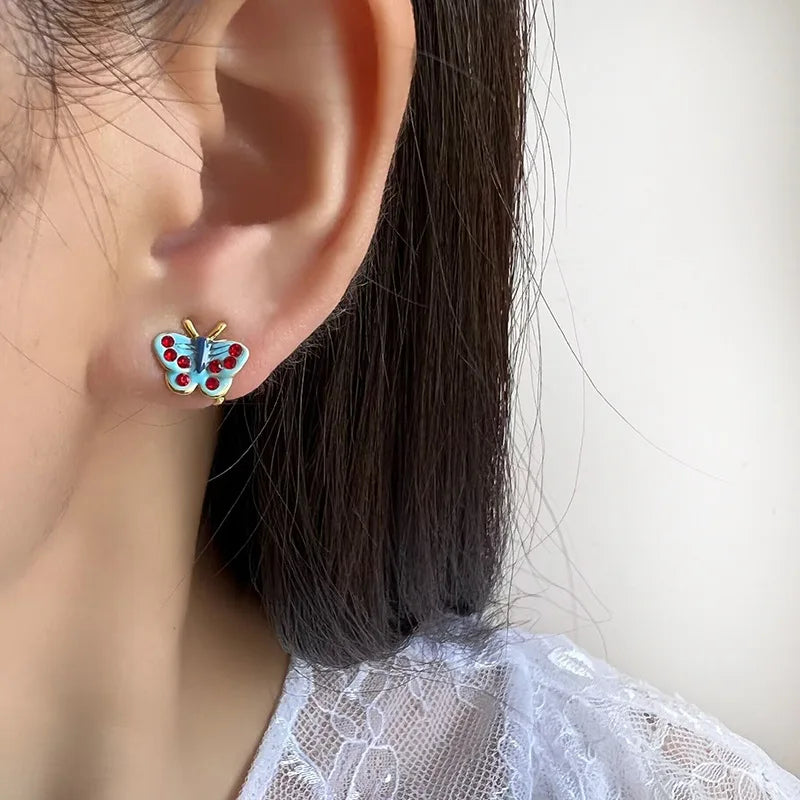 Vintage Blue Enamel Butterfly Rhinestone Stud & Clip On No Piercing Coil Back Women's Fashion Earrings