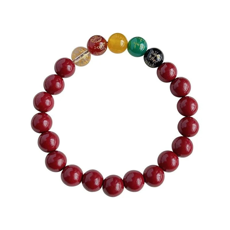 Red Synthetic Cinnabar Stone Pixiu Beaded Bracelet With Fu Charm, New Chinese Zen Style For Women