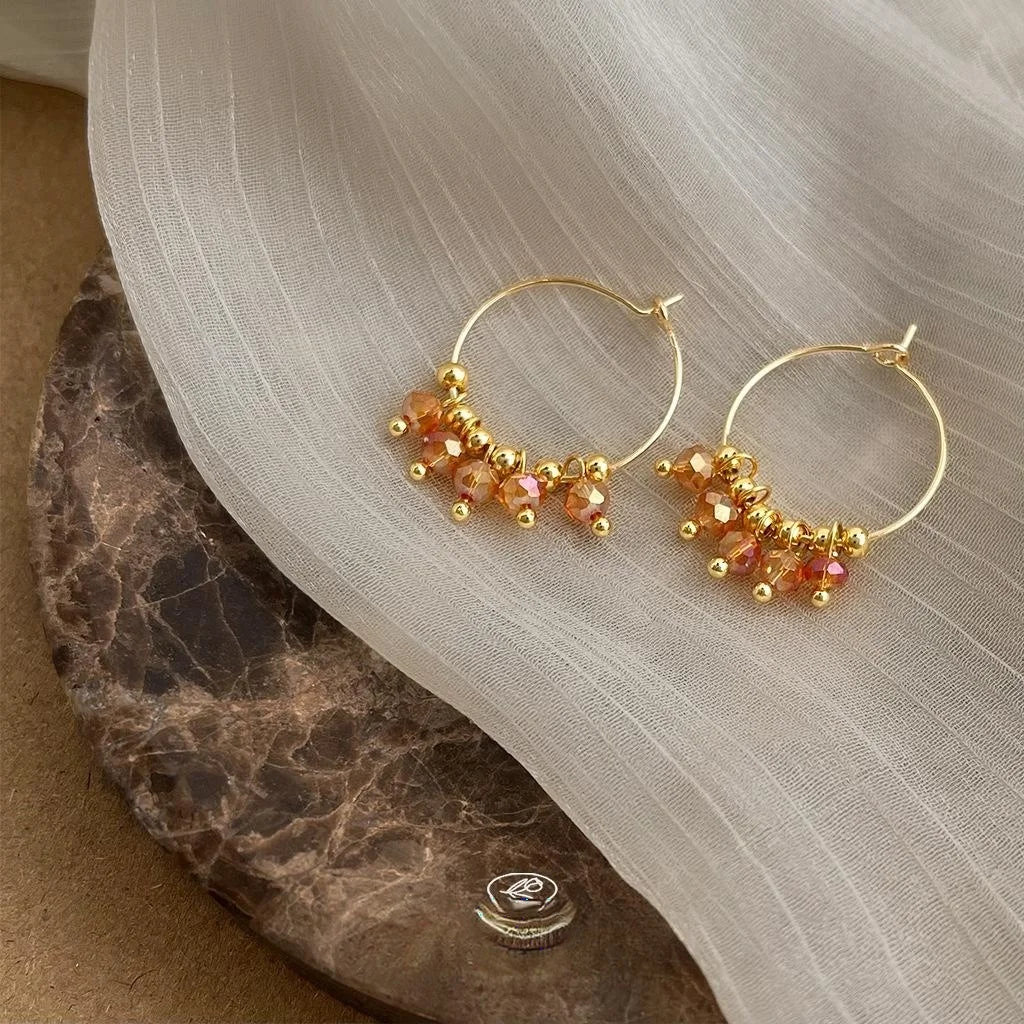 Vintage Copper Glass Crystal Brown Earth Tone Geometric Hoop Drop Earrings