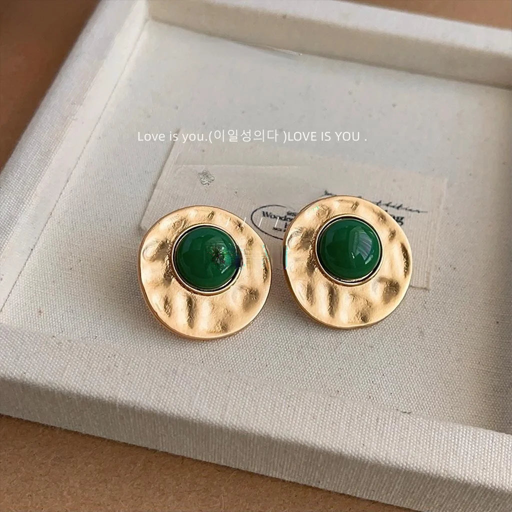 Vintage Old Money Round Geometric Copper Stud Earrings Matte Silver Tone Commuter Jewelry