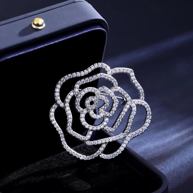 Luxury Full Rhinestone Camellia Flower Brooch, Gold Alloy Hollow Rose Lapel Pin Corsage Suit Accessory Gift