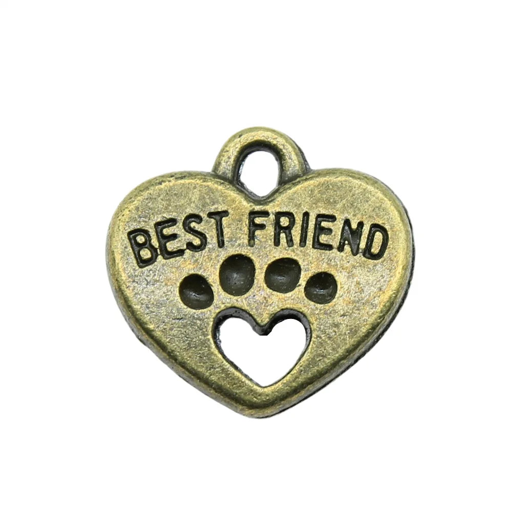 14x15mm 2.1g Zinc Alloy Heart Cat Paw Best Friends Hollow Double Sided Charm Pendant for DIY Bracelet Necklace Making
