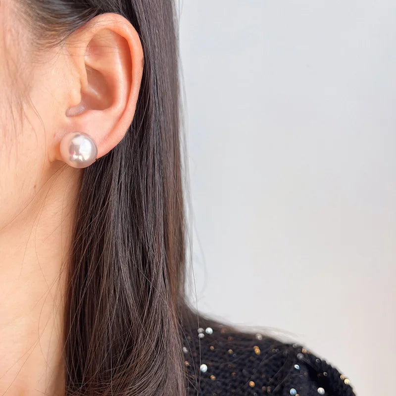 Large Light Pink Round Pearl Stud & Clip On No Piercing Elegant Minimalist 14mm Women's Earrings