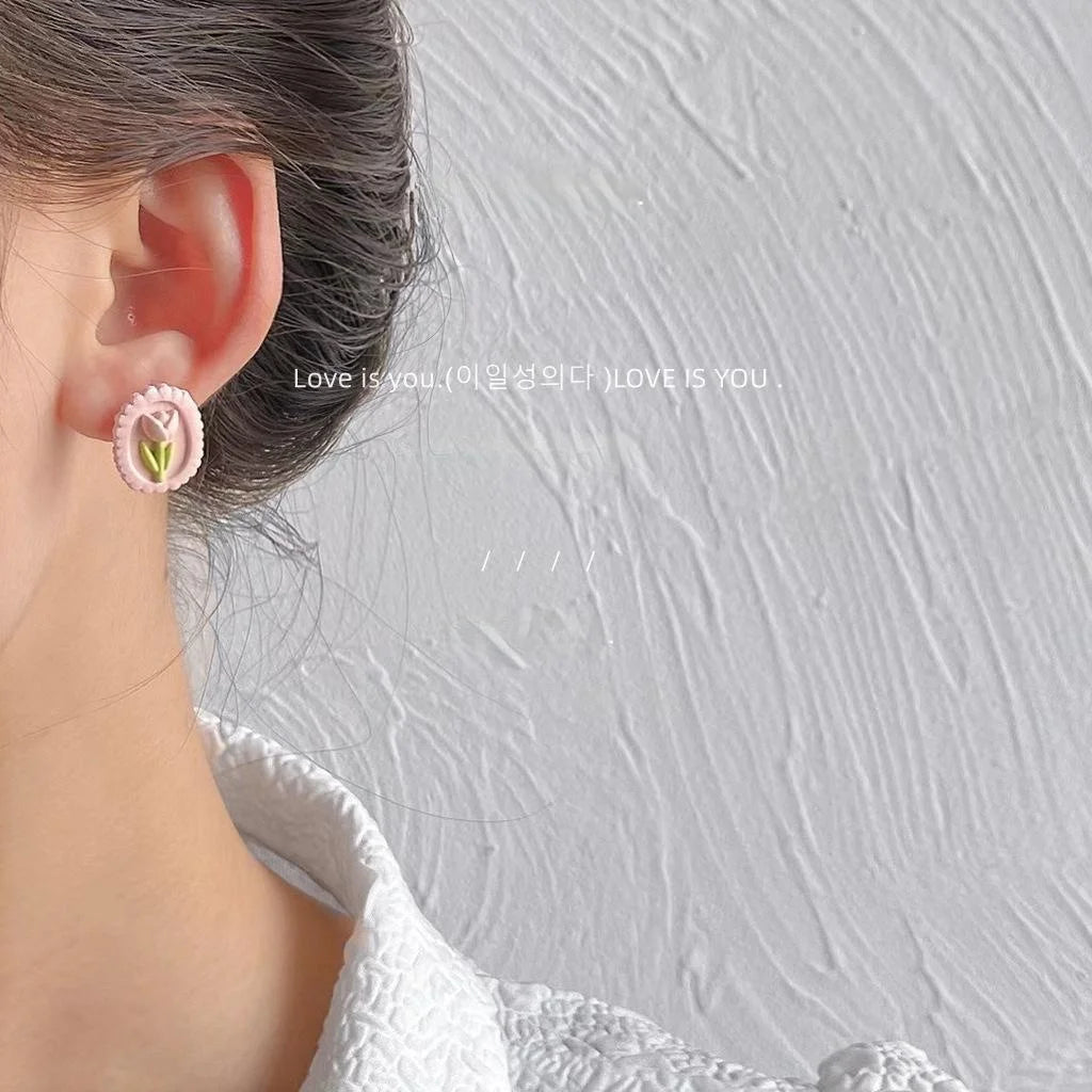 Pink Tulip Flower Stud Earrings Alloy Sweet Vacation Style Jewelry