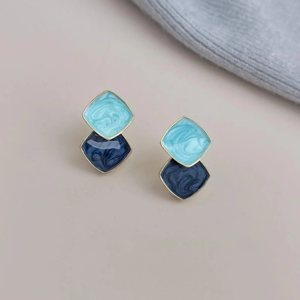 Eco-Friendly Copper Geometric Square Drop Earrings Sea Blue Contrast Vacation Style