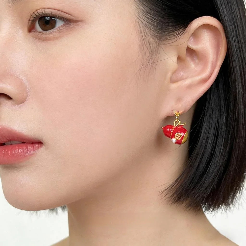 Lucky Red Enamel Gourd Drop Earrings Eco-Friendly Copper New Chinese Ethnic Jewelry