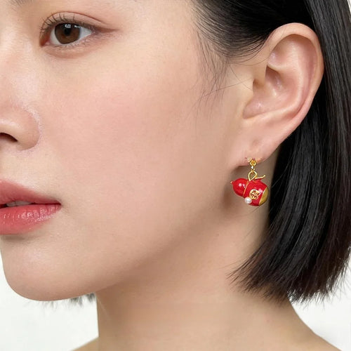 Lucky Red Enamel Gourd Drop Earrings Eco-Friendly Copper New Chinese Ethnic Jewelry