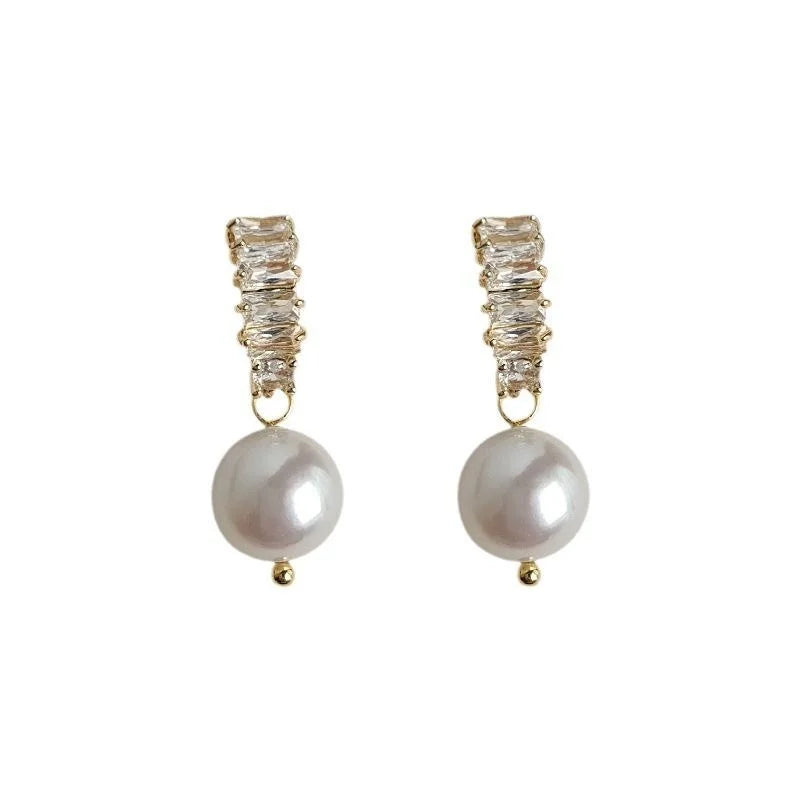 Light Luxury Irregular Freshwater Pearl Stud Earrings With Micro Pave Zircon Curved Copper Design