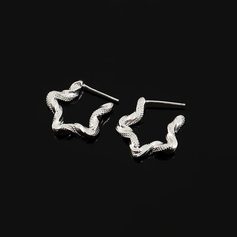 Elegant Silver Alloy Five Point Star Hoop Stud & Clip On No Piercing Wavy Textured Fashion Earrings