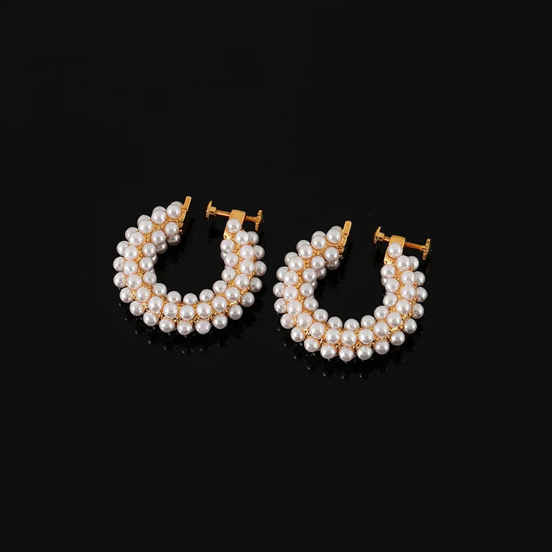 Elegant Faux Pearl Round Hoop Stud & Clip On No Piercing Gold Alloy Luxury Statement Earrings