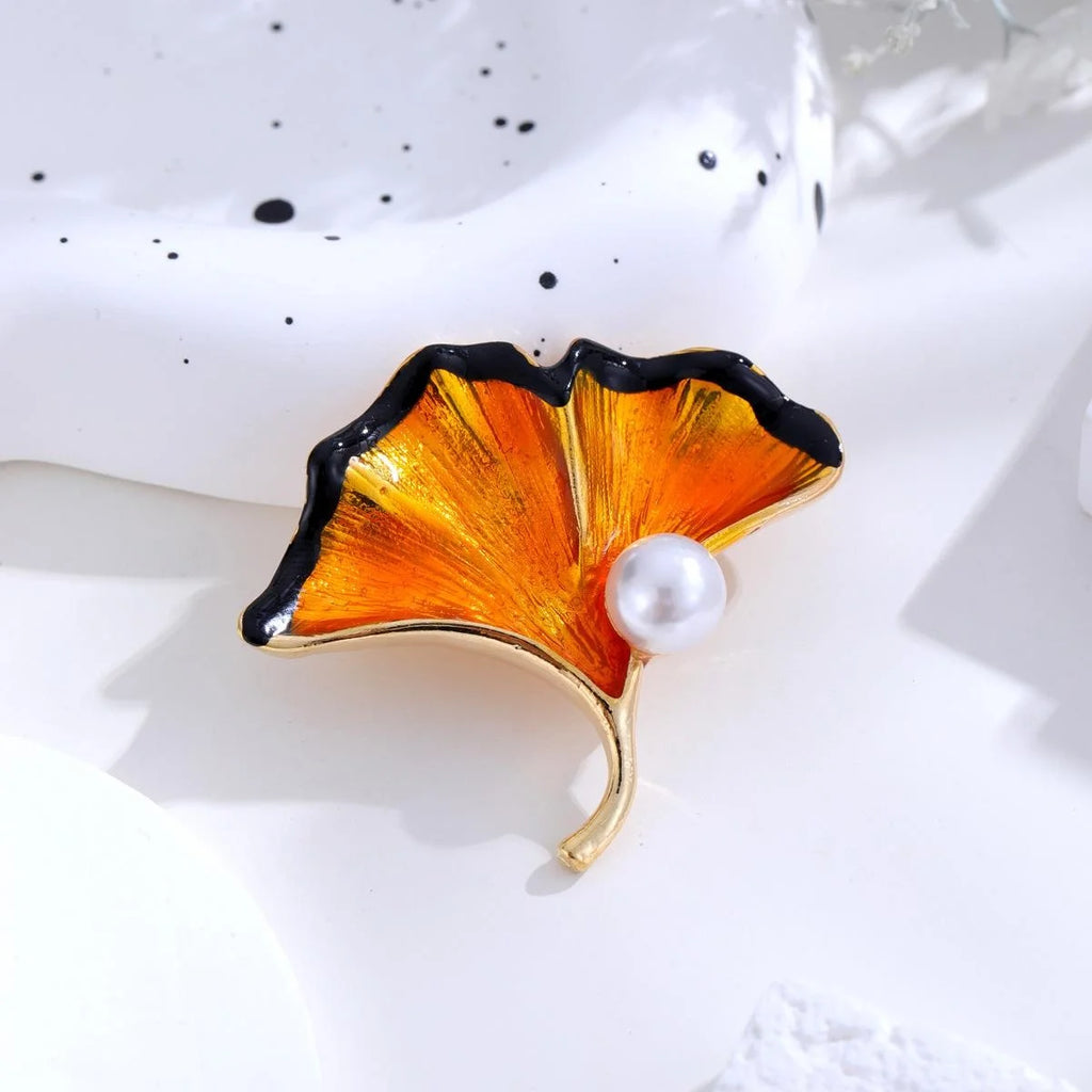Elegant Enamel Ginkgo Leaf Brooch With Pearl Accent, Gold Alloy Plant Lapel Pin Corsage Gift