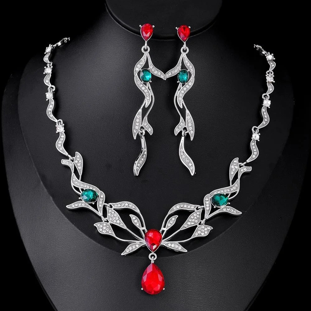 Luxury Red Green Crystal Rhinestone Leaf Necklace And Earrings Jewelry Set For Wedding Party Banquet Gift