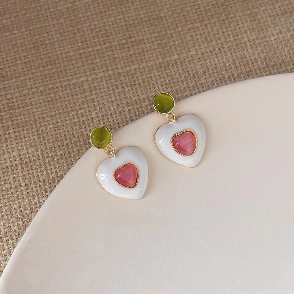 French Vintage Heart Drop Earrings Copper Glass Cat Eye Stone Enamel Silver Plated Pins