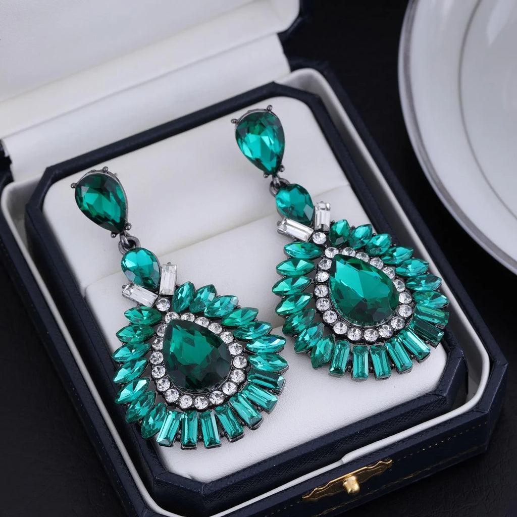 Luxury Emerald Green Crystal Rhinestone Teardrop Chandelier Earrings For Bridal Wedding Party Banquet