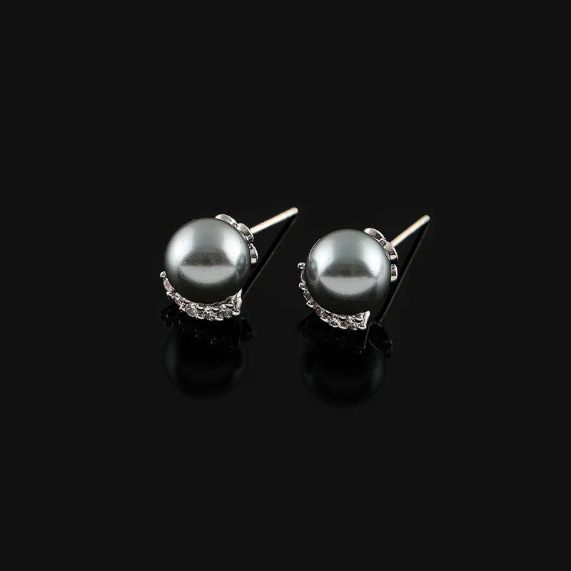 Elegant Luxury Gray Pearl Crescent Zircon Stud & Clip On No Piercing Spiral Ear Cuff Earrings