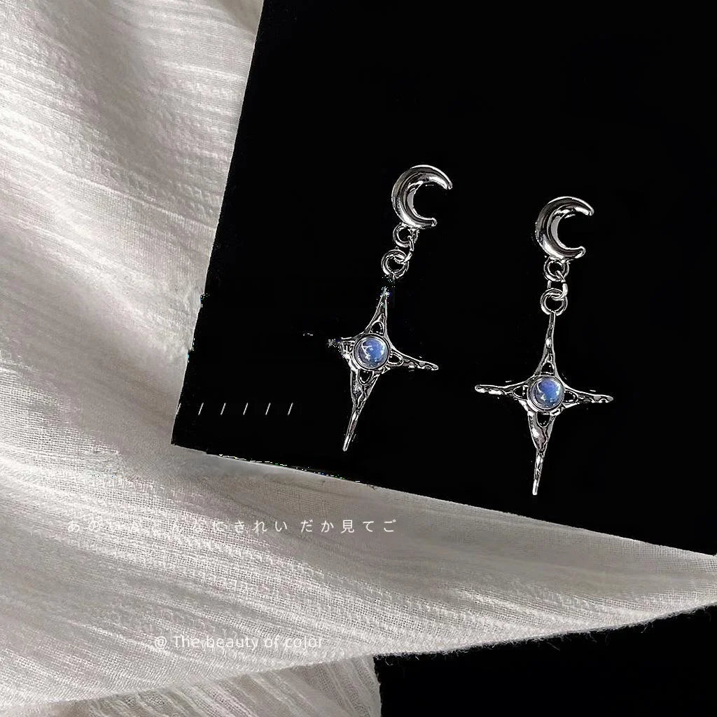 Sweet Cool Silver Tone Copper Hexagram Star Moon Long Stud Earrings For Women