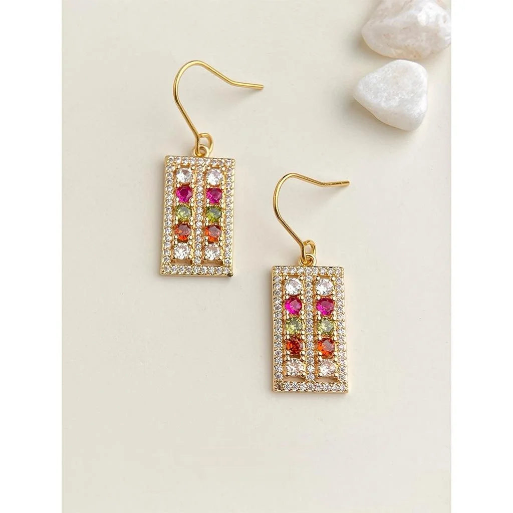 Light Luxury Geometric Micro Pave Zircon Color Stone Copper Drop Earrings for Women