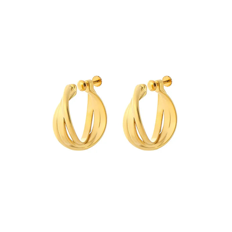 Elegant Matte Gold Alloy Cross C Hoop Stud & Clip On No Piercing Spiral Twist Statement Earrings