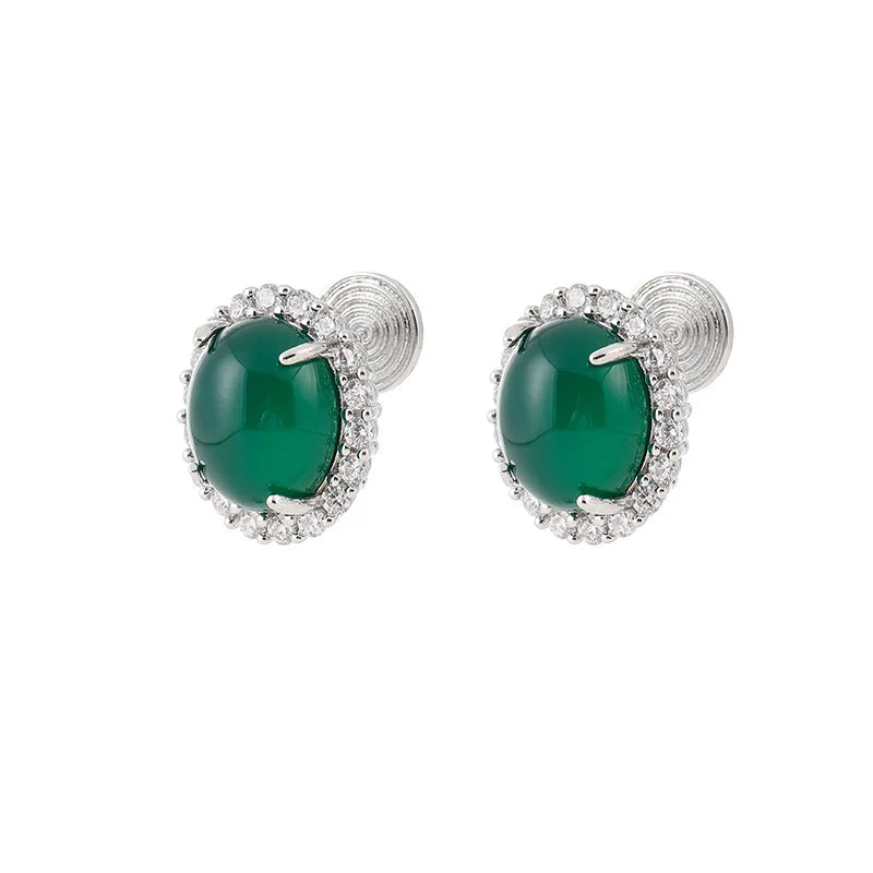 Elegant Oval Green Agate Rhinestone Halo Stud & Clip On No Piercing Vintage Chinese Style Earrings