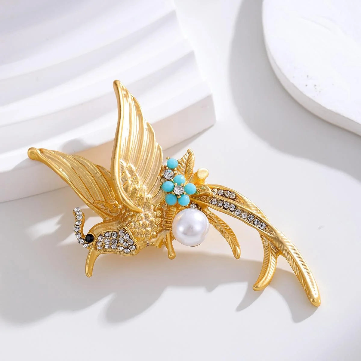 Vintage Flying Phoenix Brooch With Pearl, Rhinestone And Turquoise Enamel, Elegant Lapel Pin Suit Accessory