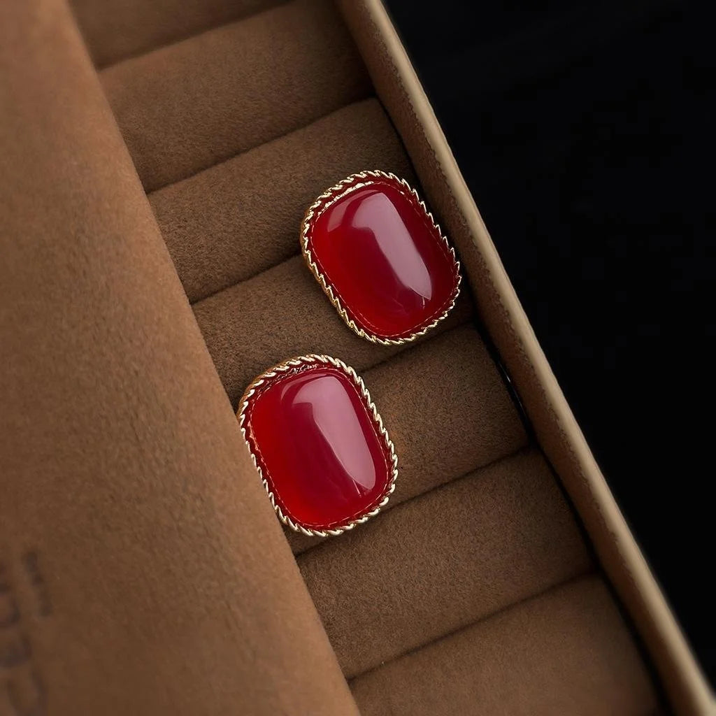 Vintage Hong Kong Style Burgundy Geometric Copper Stud Earrings